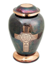 Load image into Gallery viewer, Large/Adult 220 Cu. In. Gleaming Celtic Cross Raku Brass Cremation Urn For Ashes
