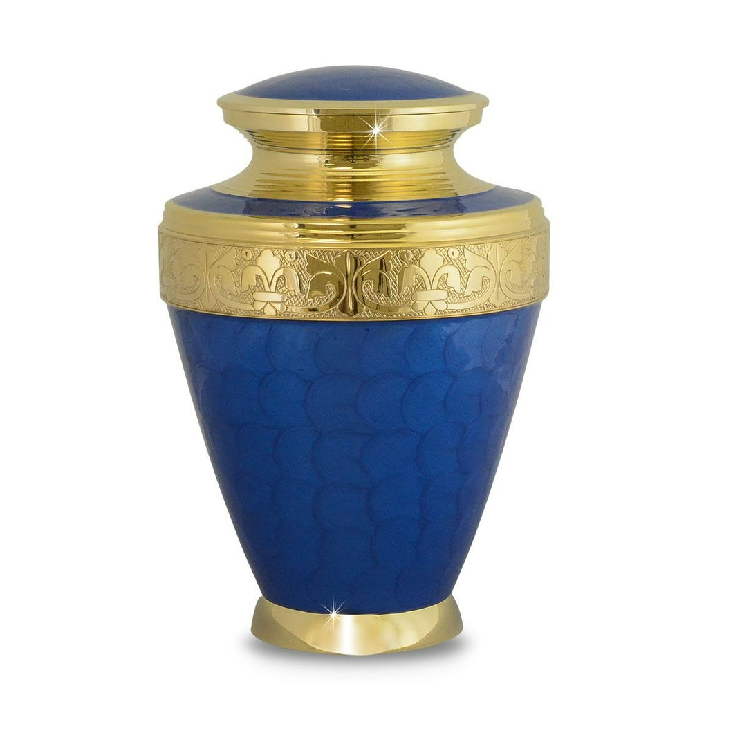 Large/Adult 200 Cubic Inch Blue Floral Brass Funeral Cremation Urn for Ashes