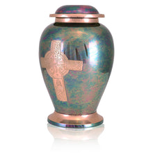 Load image into Gallery viewer, Large/Adult 220 Cu. In. Gleaming Celtic Cross Raku Brass Cremation Urn For Ashes
