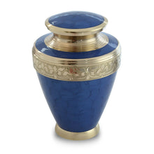Load image into Gallery viewer, Large/Adult 200 Cubic Inch Blue Floral Brass Funeral Cremation Urn for Ashes
