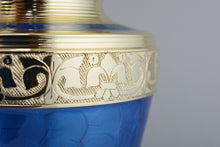 Load image into Gallery viewer, Large/Adult 200 Cubic Inch Blue Floral Brass Funeral Cremation Urn for Ashes

