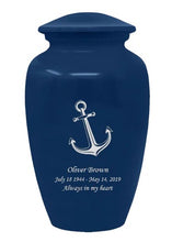 Load image into Gallery viewer, Large/Adult 200 Cubic Inch Custom Engraved Blue Metal Anchor Funeral Cremation Urn
