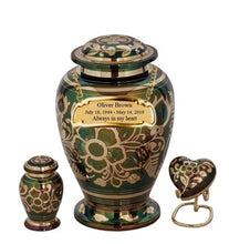 Load image into Gallery viewer, Small/Keepsake 4 Cubic Inches Flora Emerald Green Brass Funeral Cremation Urn
