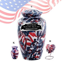 Load image into Gallery viewer, Large/Adult 220 Cubic Inches Military American Flag Wrapped Brass Funeral Cremation Urn
