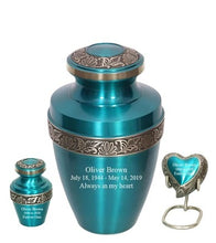 Load image into Gallery viewer, Small/Keepsake 5 Cubic Inches Heart Apollo Teal Brass Funeral Cremation Urn
