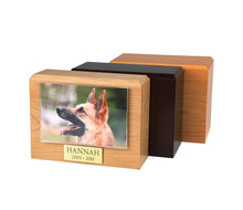 Load image into Gallery viewer, Small 85 Cubic Inches Oak Pet Photo Urn for Ashes with Engravable Nameplate
