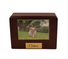 Load image into Gallery viewer, Small 55 Cubic Inches Walnut Pet Photo Urn for Ashes with Engravable Nameplate
