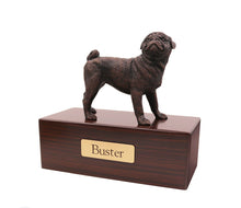 Load image into Gallery viewer, Bronze Pug Pet Cremation Urn in 5 Diff Walnut Base Sizes
