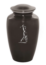 Load image into Gallery viewer, Large/Adult 200 Cubic Inch Custom Engraved Grey Metal Golfer Funeral Cremation Urn
