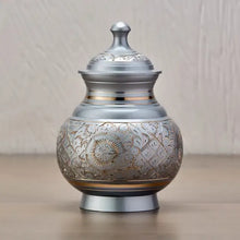 Load image into Gallery viewer, Silver Engraved Extra Small Cremation Urn 25 Cubic Inches

