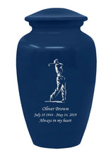 Load image into Gallery viewer, Large/Adult 200 Cubic Inch Custom Engraved Blue Metal Golfer Funeral Cremation Urn
