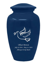 Load image into Gallery viewer, Large/Adult 200 Cubic Inch Custom Engraved Blue Metal Dove Funeral Cremation Urn
