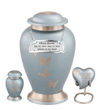 Load image into Gallery viewer, Small/Keepsake 5 Cubic Inches Heart Flora Blue Butterfly Brass Funeral Cremation Urn
