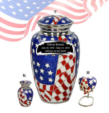 Load image into Gallery viewer, Small/Keepsake 5 Cubic Inches Heart Military American Flag Brass Funeral Cremation Urn
