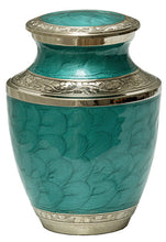 Load image into Gallery viewer, Medium 90 Cubic Inches Mother of Pearl Aqua Brass Cremation Urn for Ashes
