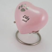 Load image into Gallery viewer, At Peace Memorials 3 Cubic Inches Classic Paws Pearl Pink Heart Keepsake Pet Cremation Urn
