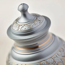 Load image into Gallery viewer, Silver Engraved Large Cremation Urn 70 Cubic Inches
