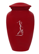 Load image into Gallery viewer, Large/Adult 200 Cubic Inch Custom Engraved Red Metal Golfer Funeral Cremation Urn
