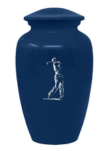 Load image into Gallery viewer, Large/Adult 200 Cubic Inch Custom Engraved Blue Metal Golfer Funeral Cremation Urn
