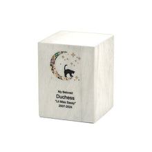 Load image into Gallery viewer, Monumental Memorials Cat &amp; Moon Pink Inlay White, Medium Urn
