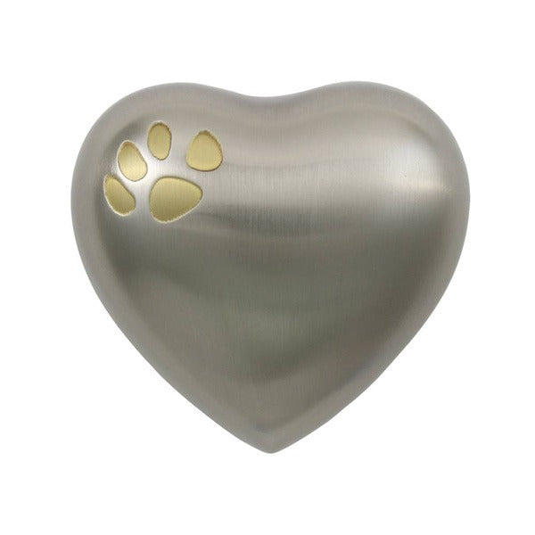 Small/Keepsake Pewter Brass Heart Paw Print Cremation Urn, 3 cubic inches