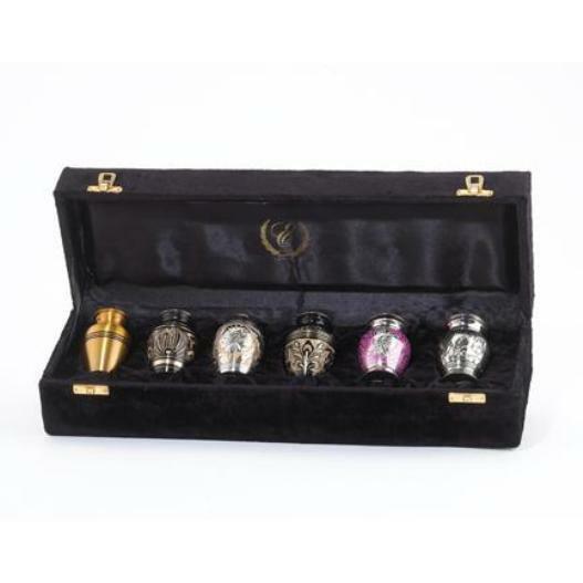 Set of 6 Funeral Cremation Urn Keepsakes for Ashes with Velvet Display Case