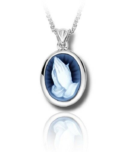Sterling Silver & Blue Agate Praying Hands Cameo Cremation Urn Pendant w/Chain