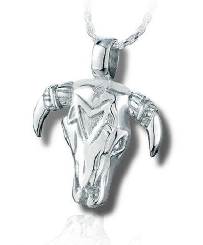 Sterling Silver Steer Skull Funeral Cremation Urn Pendant for Ashes w/Chain