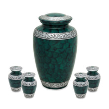 Load image into Gallery viewer, Set of Green Aluminum Funeral Cremation Urns for Ashes - Adult &amp; 4 Keepsakes
