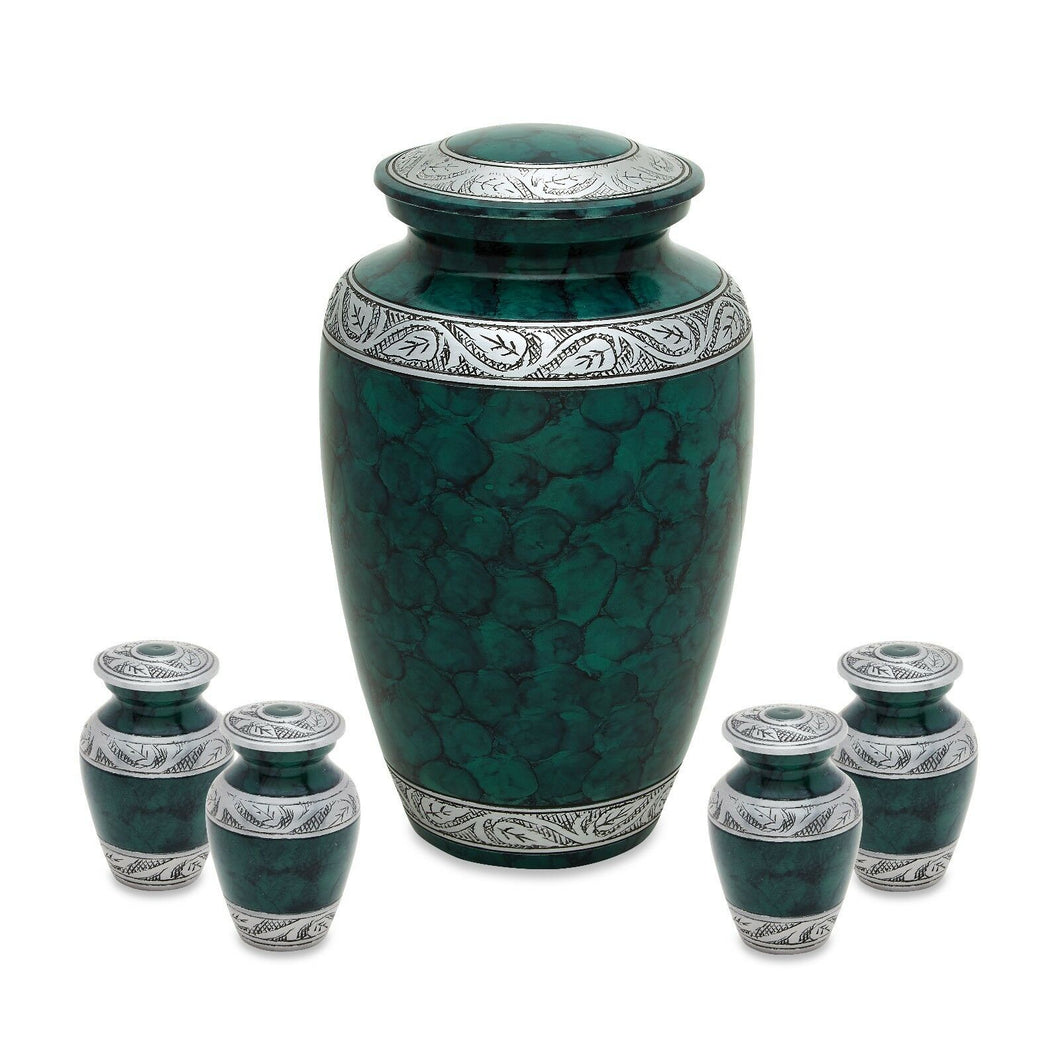 Set of Green Aluminum Funeral Cremation Urns for Ashes - Adult & 4 Keepsakes