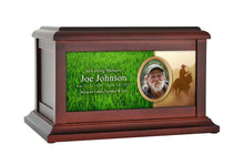 Load image into Gallery viewer, Large/Adult 200 Cubic Inches Cowboy in Desert Wood Photo Cremation Urn for Ashes
