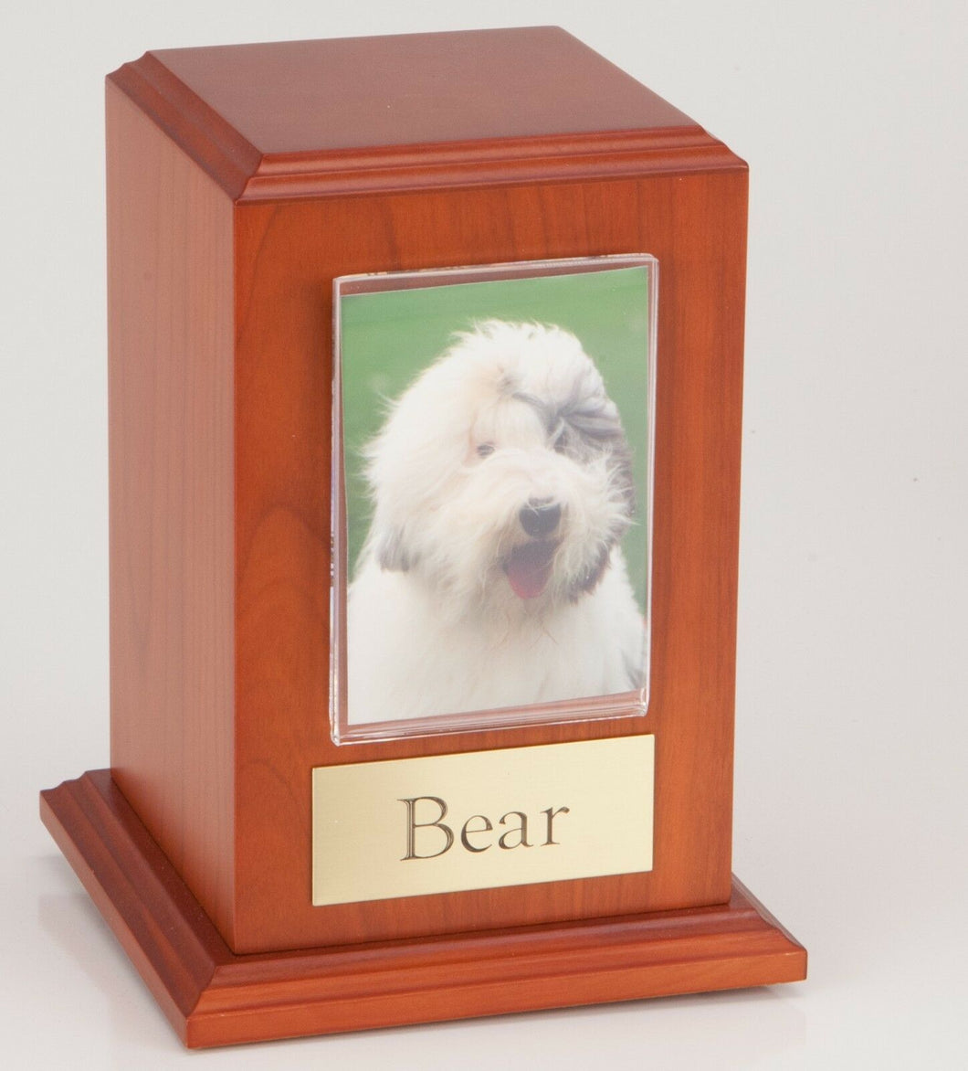 Small 35 Cubic Ins Cherry Pet Tower Photo Urn for Ashes w/Engravable Nameplate