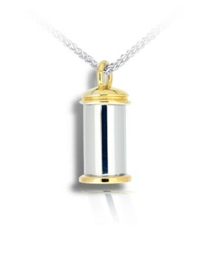 Sterling Silver & 10kt Gold Large Cylinder Funeral Cremation Urn Pendant w/Chain