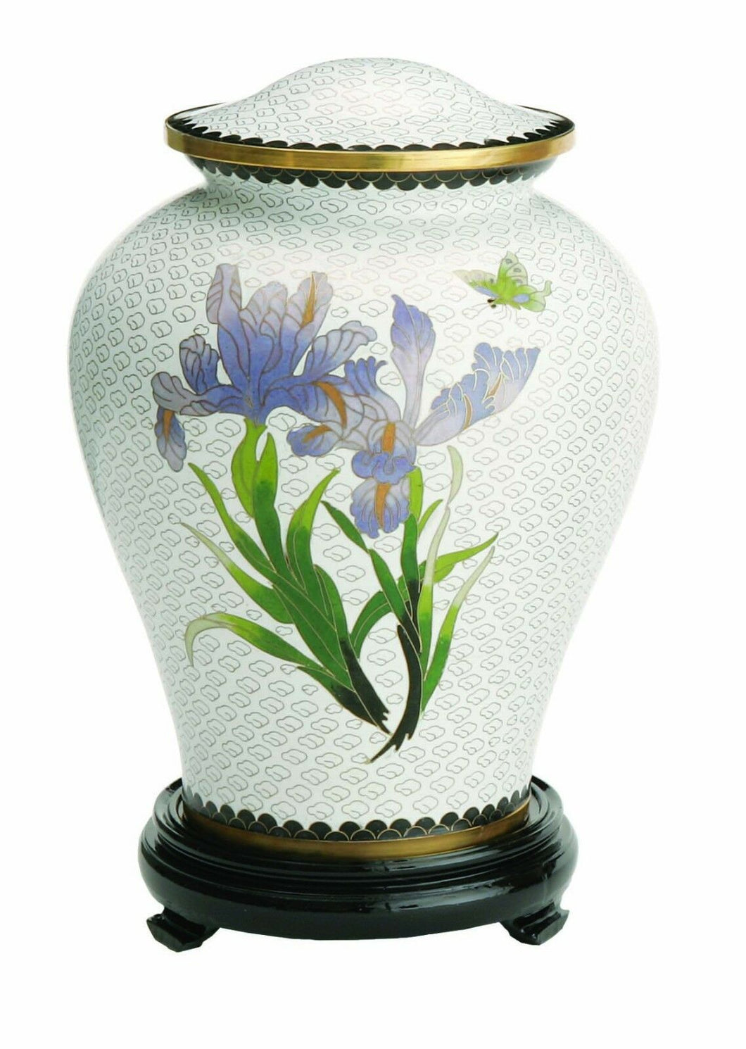 Large/Adult 210 cubic inches White Iris Cloisonne Cremation Urn with Flowers
