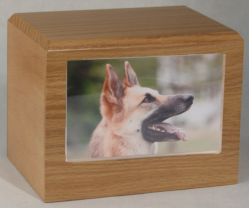 Small 85 Cubic Inches Oak Pet Photo Urn for Ashes with Engravable Nameplate
