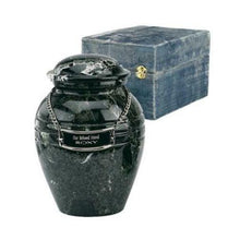 Load image into Gallery viewer, Set of Medium (44 cubic inch) &amp; Keepsake(3 in) Marble Cremation Urns w/nameplate
