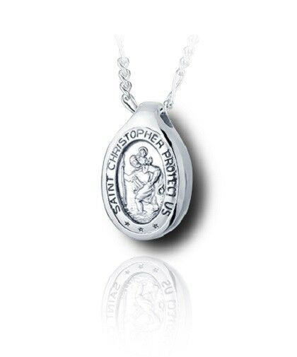 Sterling Silver St. Christopher Funeral Cremation Urn Pendant for Ashes w/Chain
