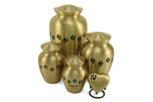 Load image into Gallery viewer, Small/keepsake Gold Brass Paw Print Cremation Urn, 25 cubic inches
