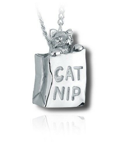 Sterling Silver Catnip Kitty Cremation Urn Pendant for Ashes w/Chain