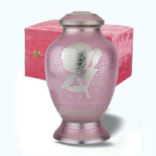 Pink Rose, Adult Brass Funeral Cremation Urn w. Velvet Box, 225 Cubic Inches