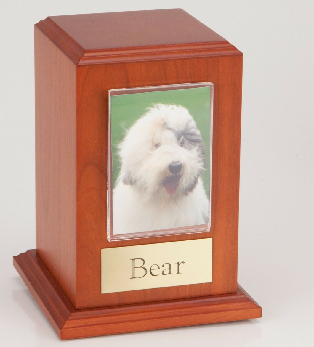 Large 110 Cubic Ins Cherry Pet Tower Photo Urn for Ashes w/Engravable Nameplate
