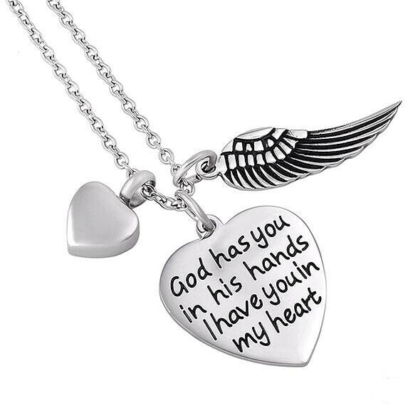 God Has You in His Hands Stainless Steel Cremation Urn Funeral Pendant - Heart