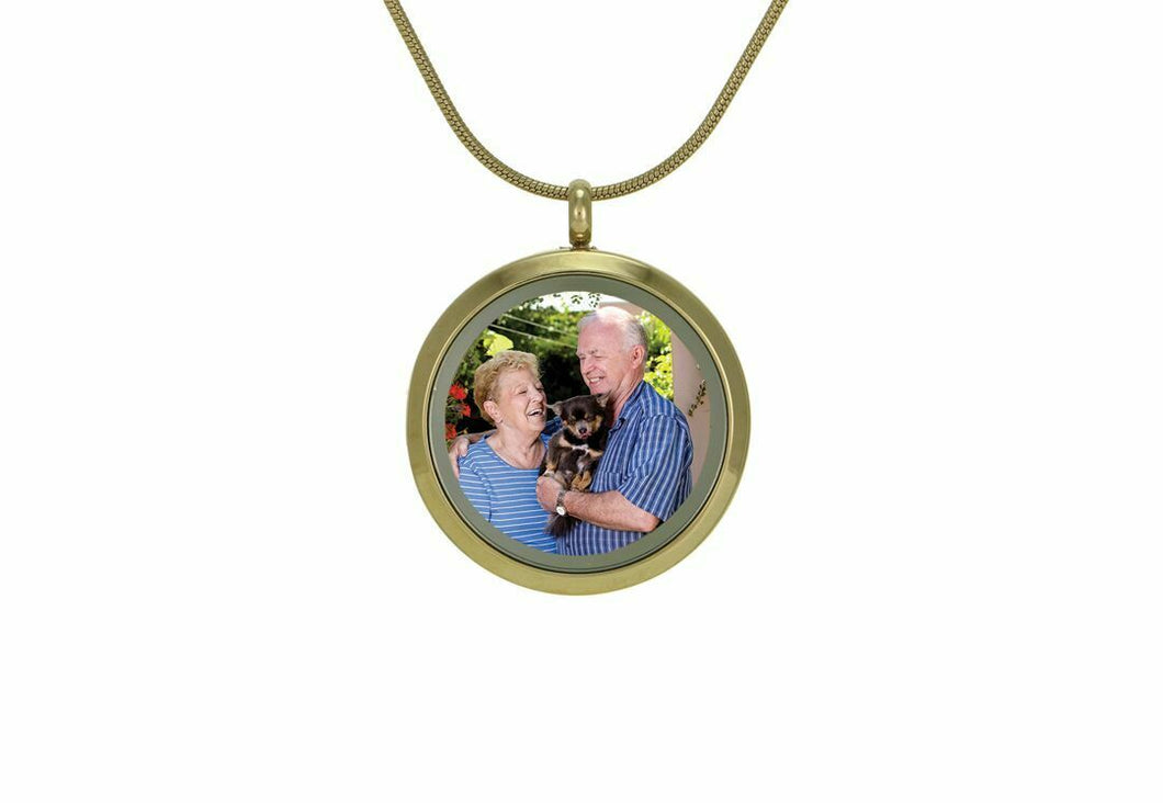 Stainless Steel/14k Gold Plated Round Bronze Companion Photo Cremation Pendant