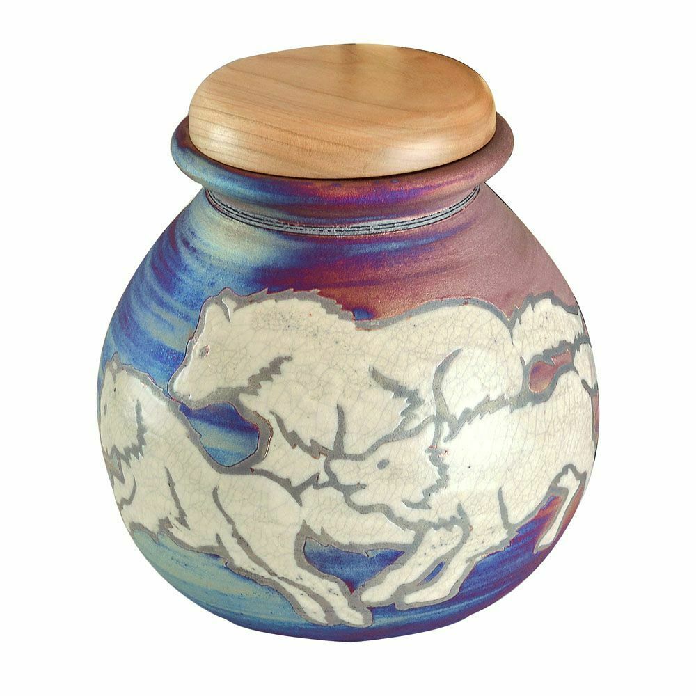 Large/Adult 200 Cubic Inches Raku Wolves Funeral Cremation Urn for Ashes