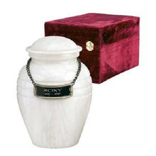 Load image into Gallery viewer, Set of Medium (44 cubic inch) &amp; Keepsake(3 in) Marble Cremation Urns w/nameplate
