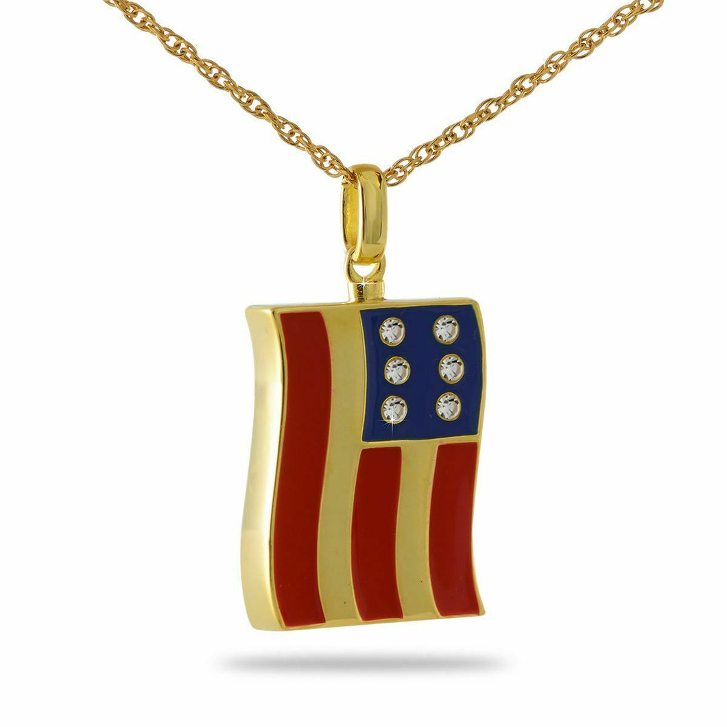 14K Solid Gold American Flag Pendant/Necklace Funeral Cremation Urn for Ashes