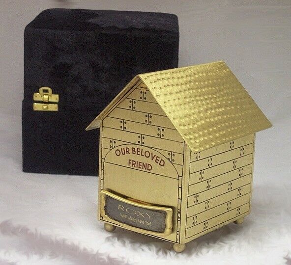 Solid Brass Dog House Pet Funeral Cremation Urn With Box, 44 Cubic Inches