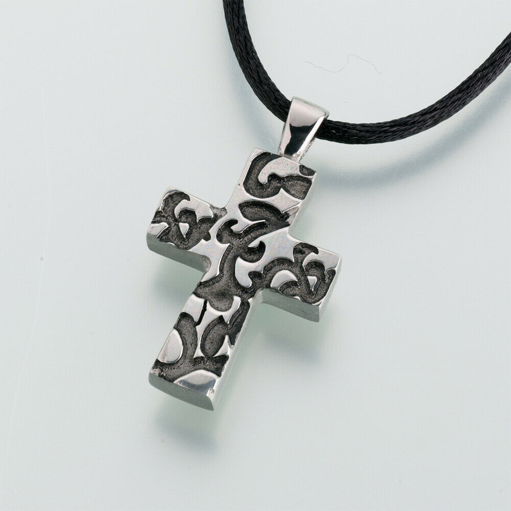 Antique Pewter Cross with Filigree Memorial Jewelry Pendant Funeral Cremation