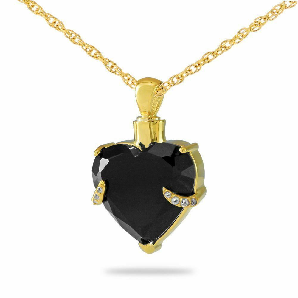 18K Solid Gold Black Crystal Heart Pendant/Necklace Funeral Cremation Urn Ashes