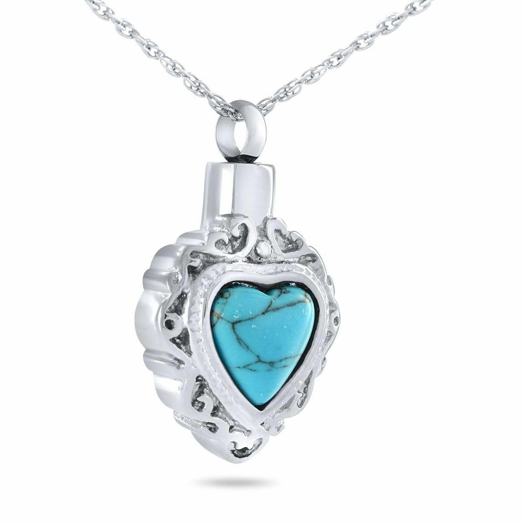 Turquoise Heart Stainless Steel Pendant/Necklace Funeral Cremation Urn for Ashes